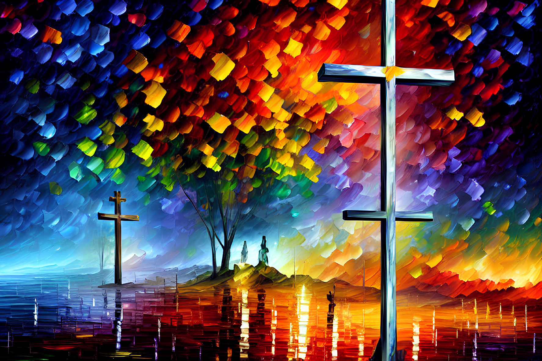Colorful painting of three crosses on a hill with couple and water reflection