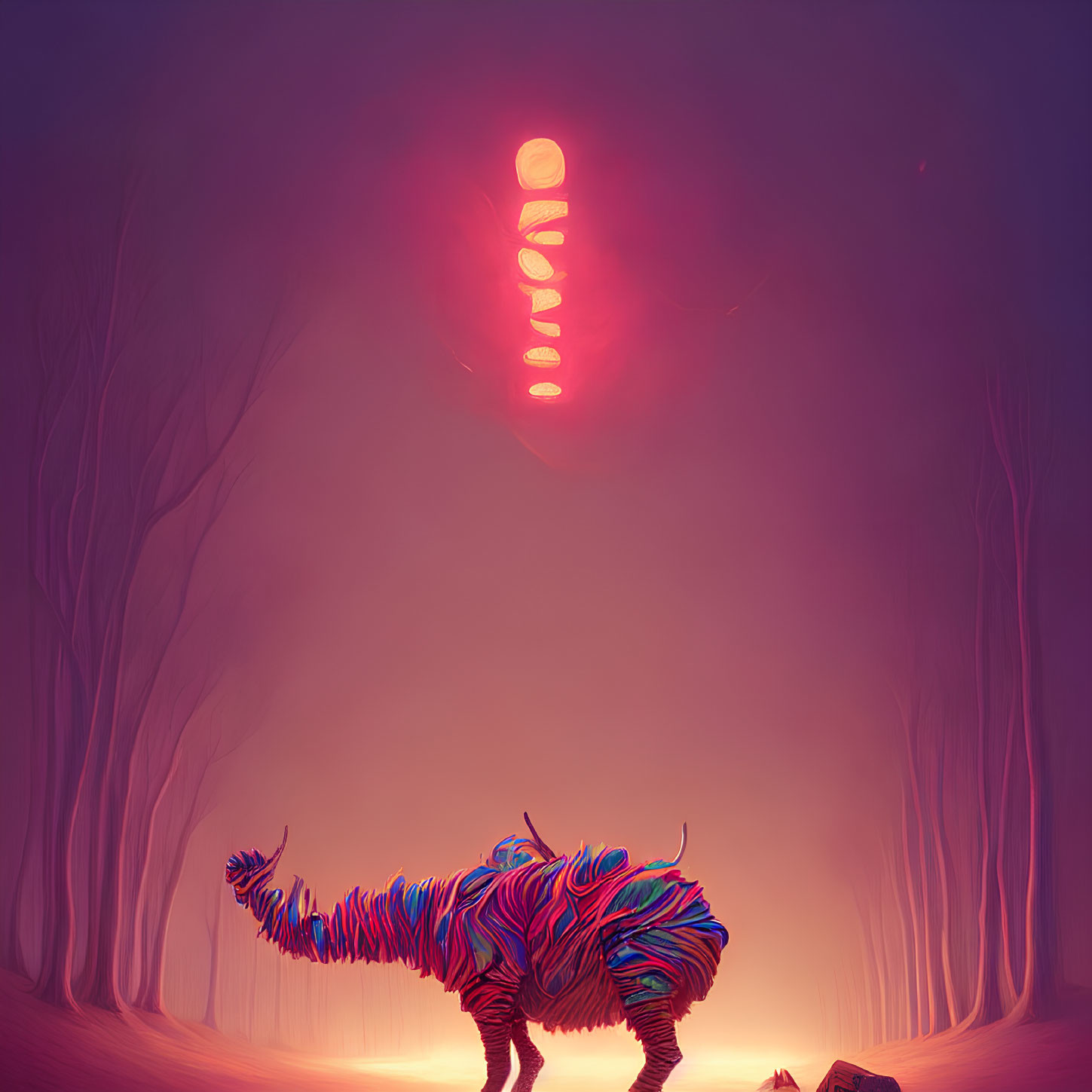 Colorful Striped Tiger Creature in Misty Forest with Glowing Symbol
