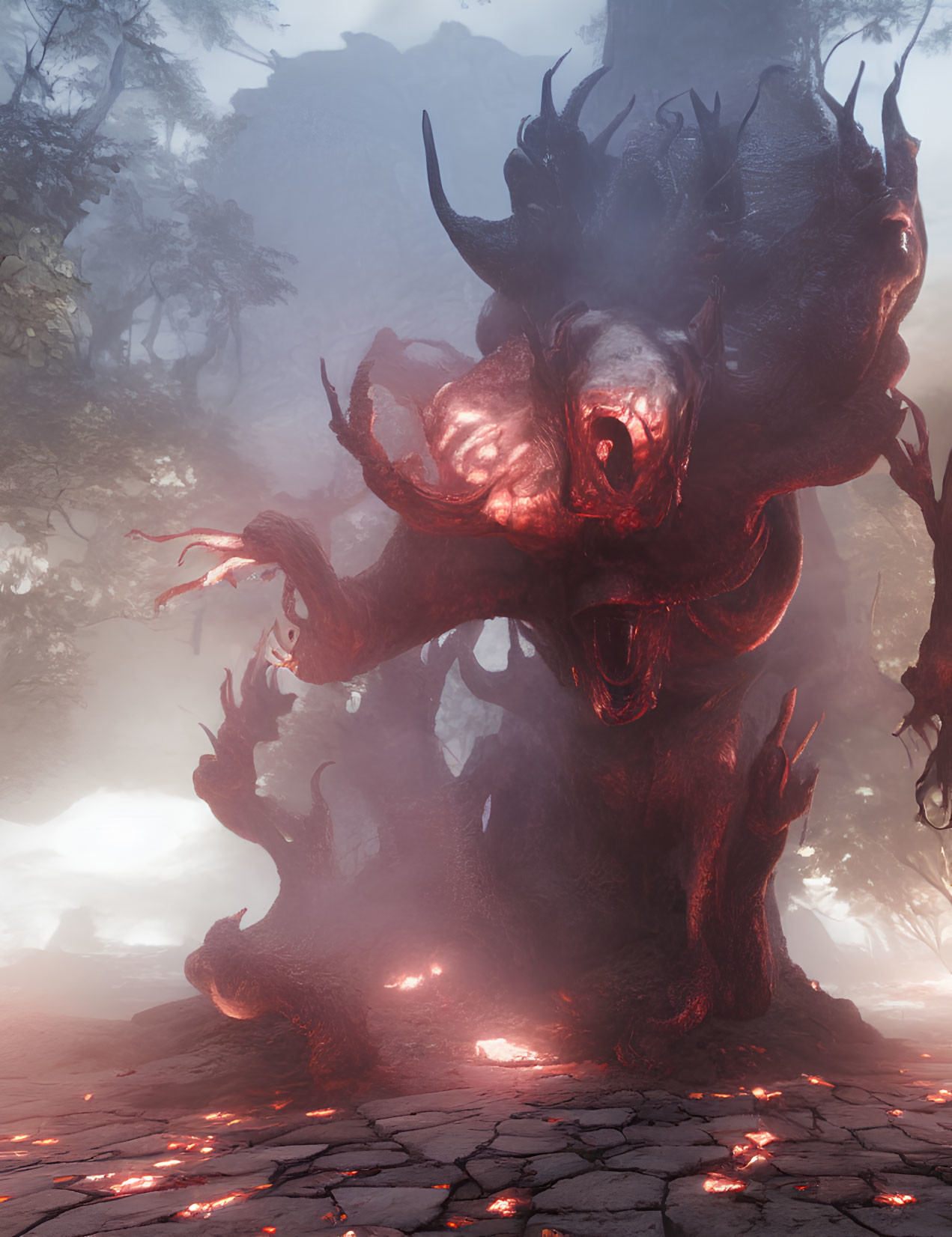 Glowing red-eyed monster in misty, eerie forest