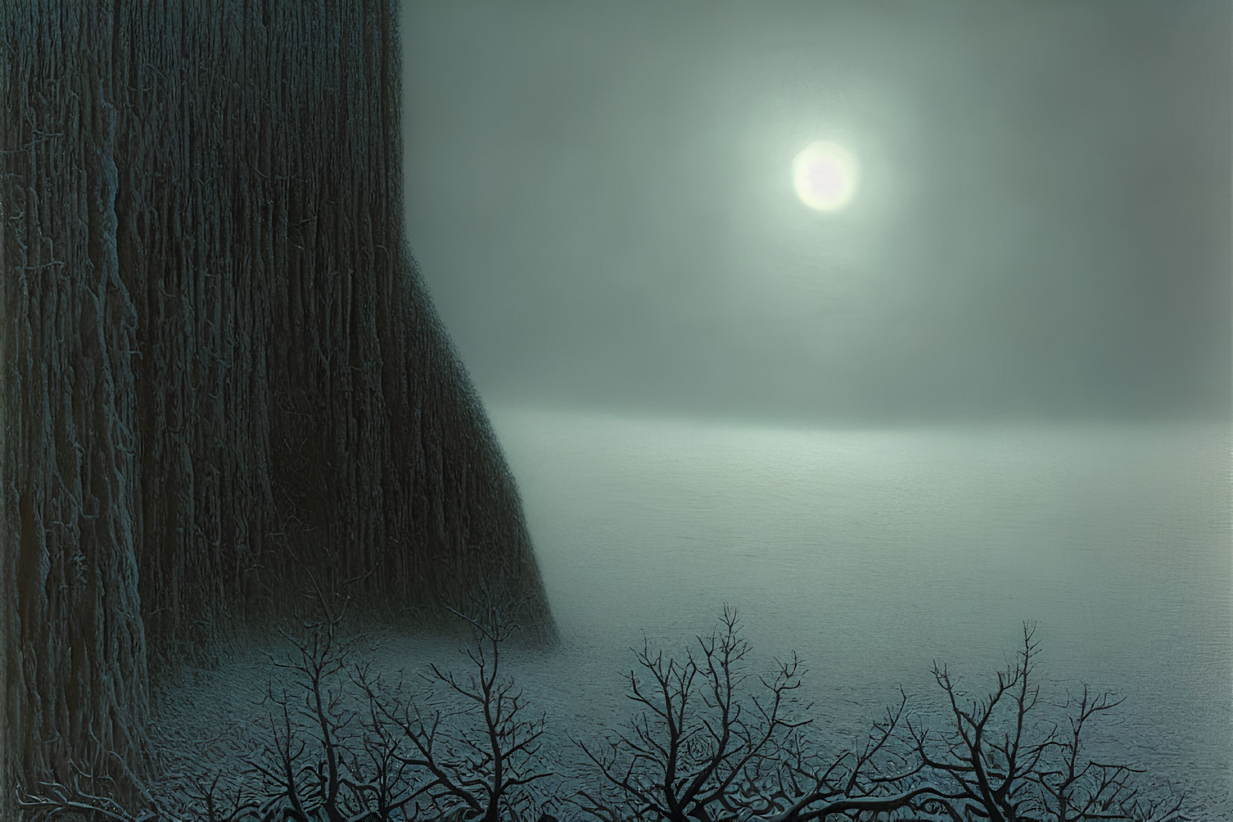 Misty winter night scene with full moon, fog, and bare trees