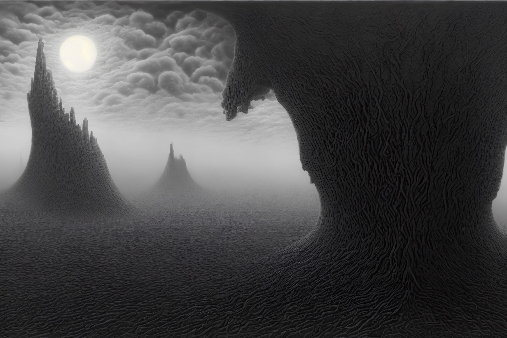 Monochrome landscape with textured tree-like structures under moonlit sky