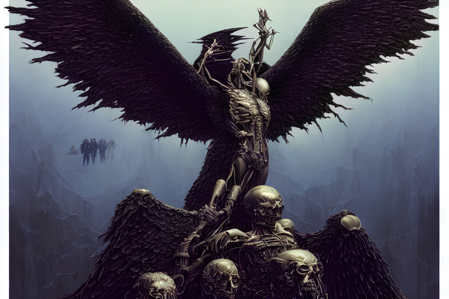 Fantasy figure with large wings and spear on skull pile, ghostly figures in background