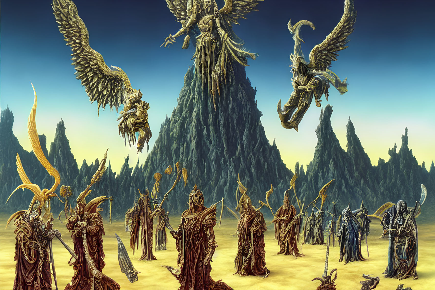 Fantasy landscape with armored figures, winged beings, and rocky spires under blue sky