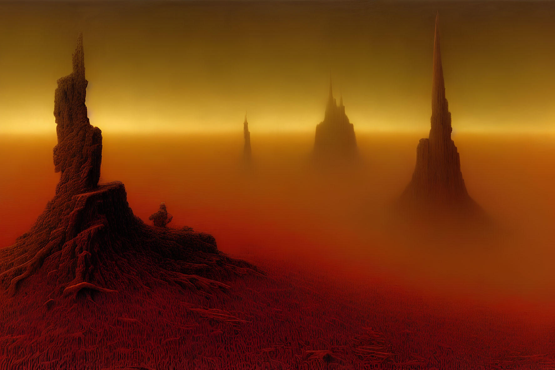 Misty surreal landscape with crimson vegetation and towering spires