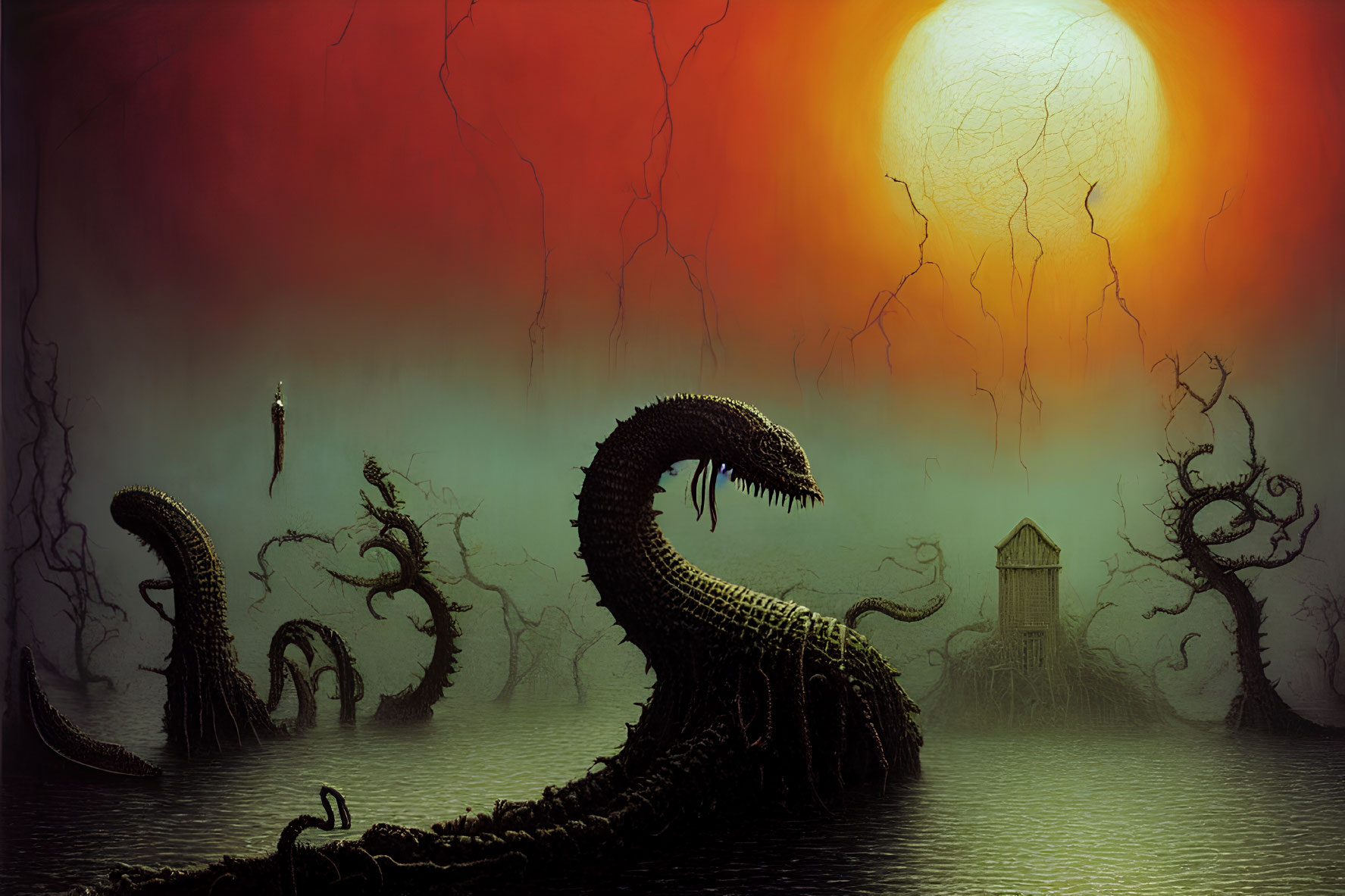 Fantastical landscape with red sun, eerie trees, tower, and serpentine creatures