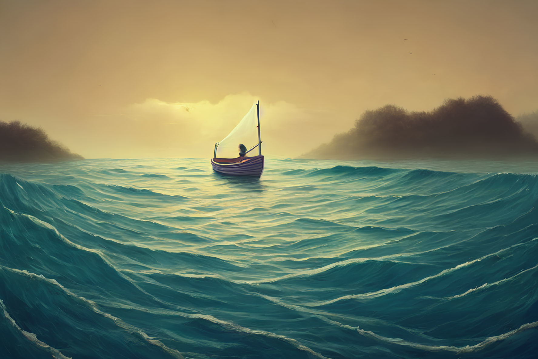 Solitary individual rowing boat on turbulent sea under amber sky