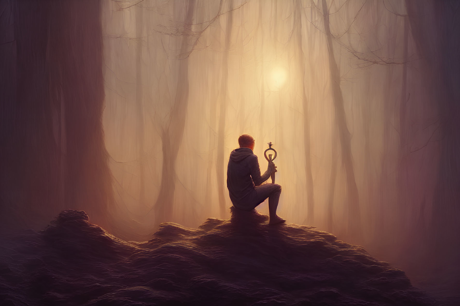 Person sitting on rocky outcrop in misty forest with glowing lantern