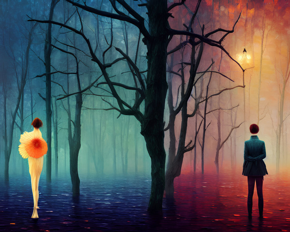 Vibrant surreal forest scene with two figures and lantern by reflective water
