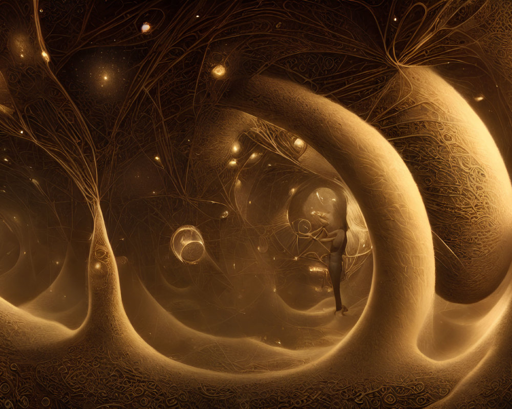 Ethereal golden fractal forest with swirling patterns and soft lights