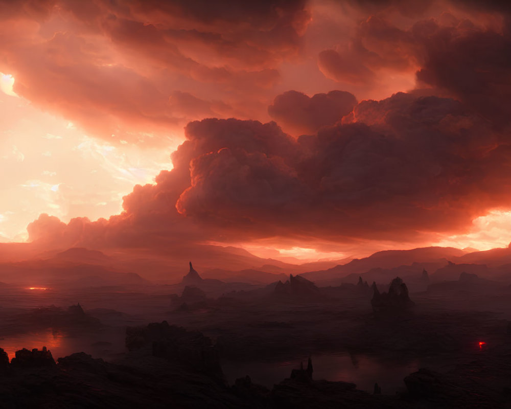 Apocalyptic landscape with fiery skies and desolate terrain