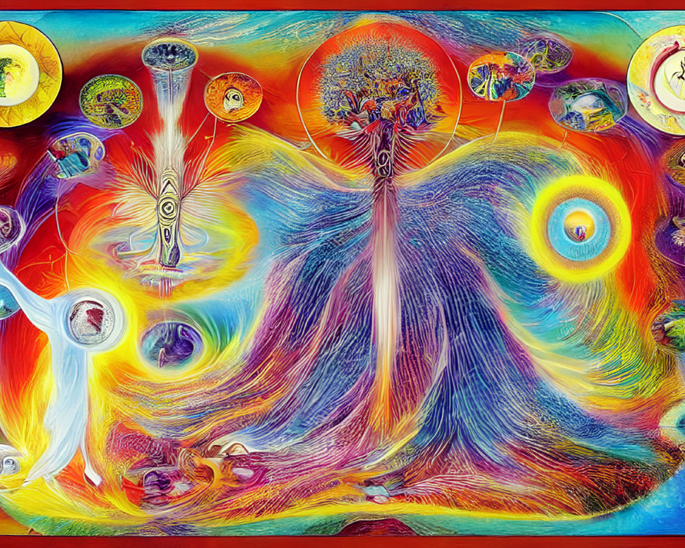 Colorful Psychedelic Painting with Central Figure and Mystical Symbols