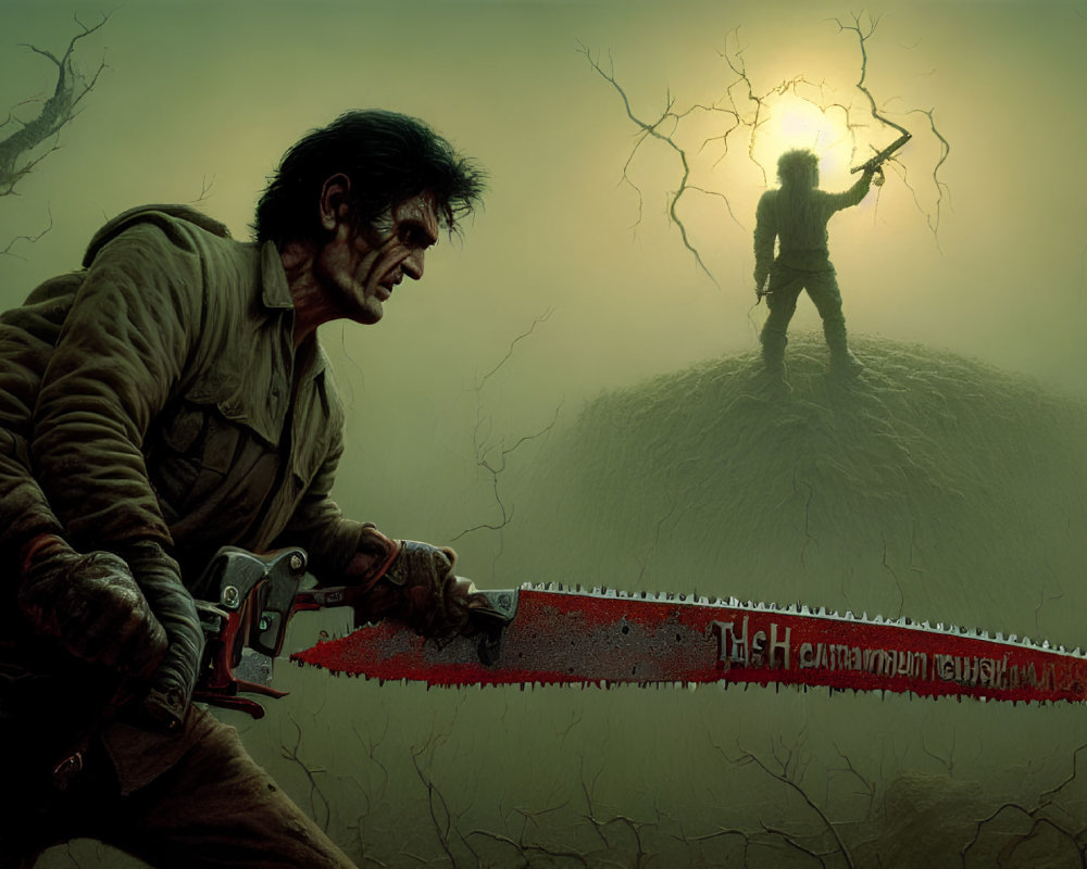 Chainsaw-wielding man in grim landscape with silhouette and moonlit sky