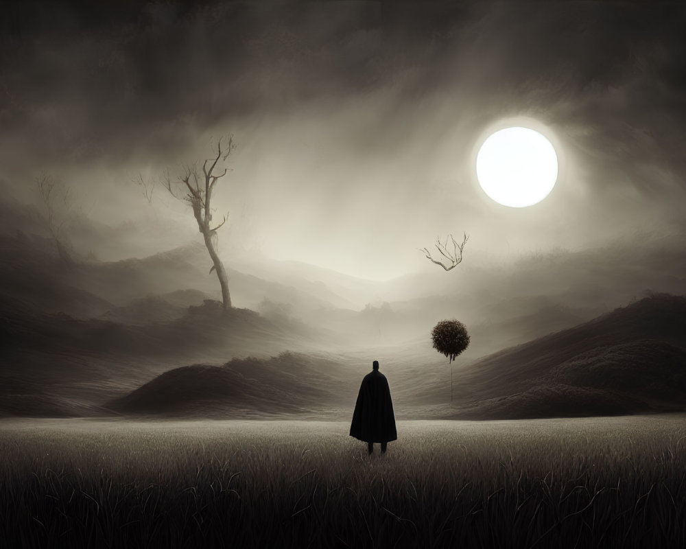 Solitary Figure in Dark Landscape with Moon and Barren Hills