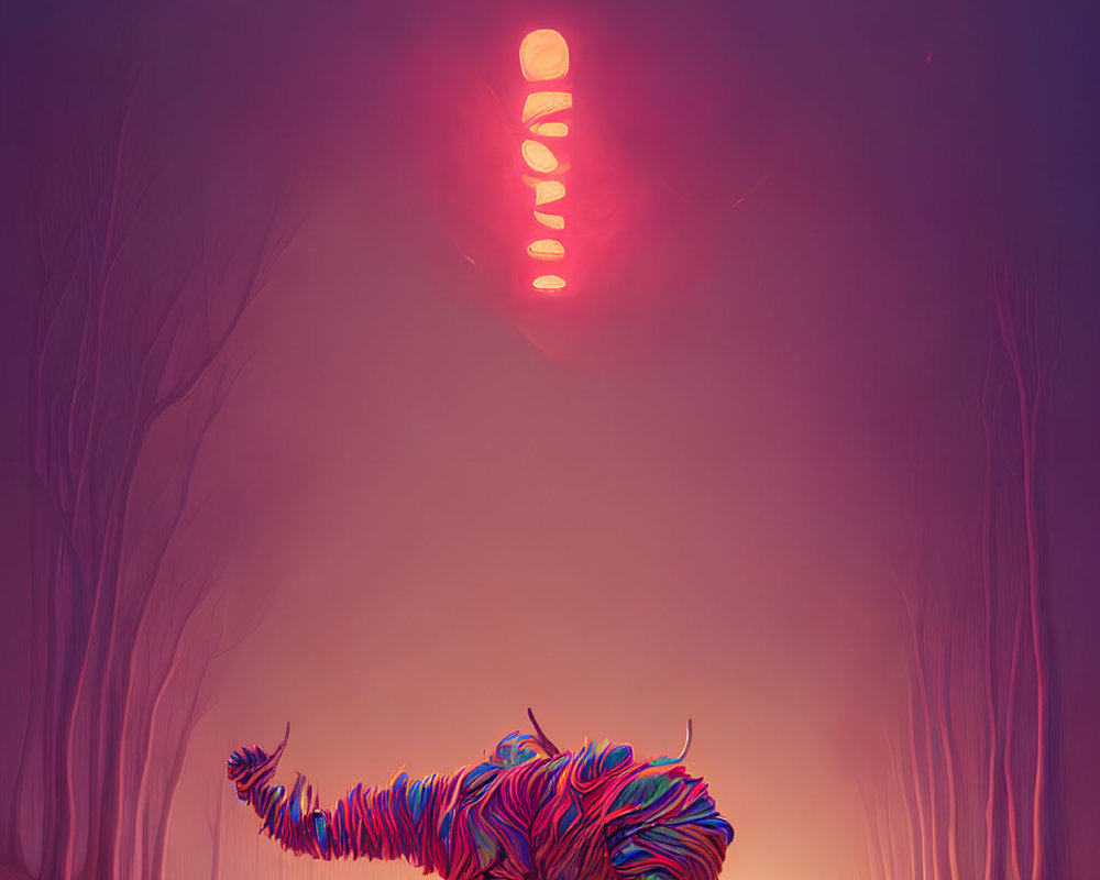 Colorful Striped Tiger Creature in Misty Forest with Glowing Symbol