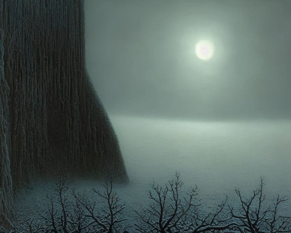 Misty winter night scene with full moon, fog, and bare trees