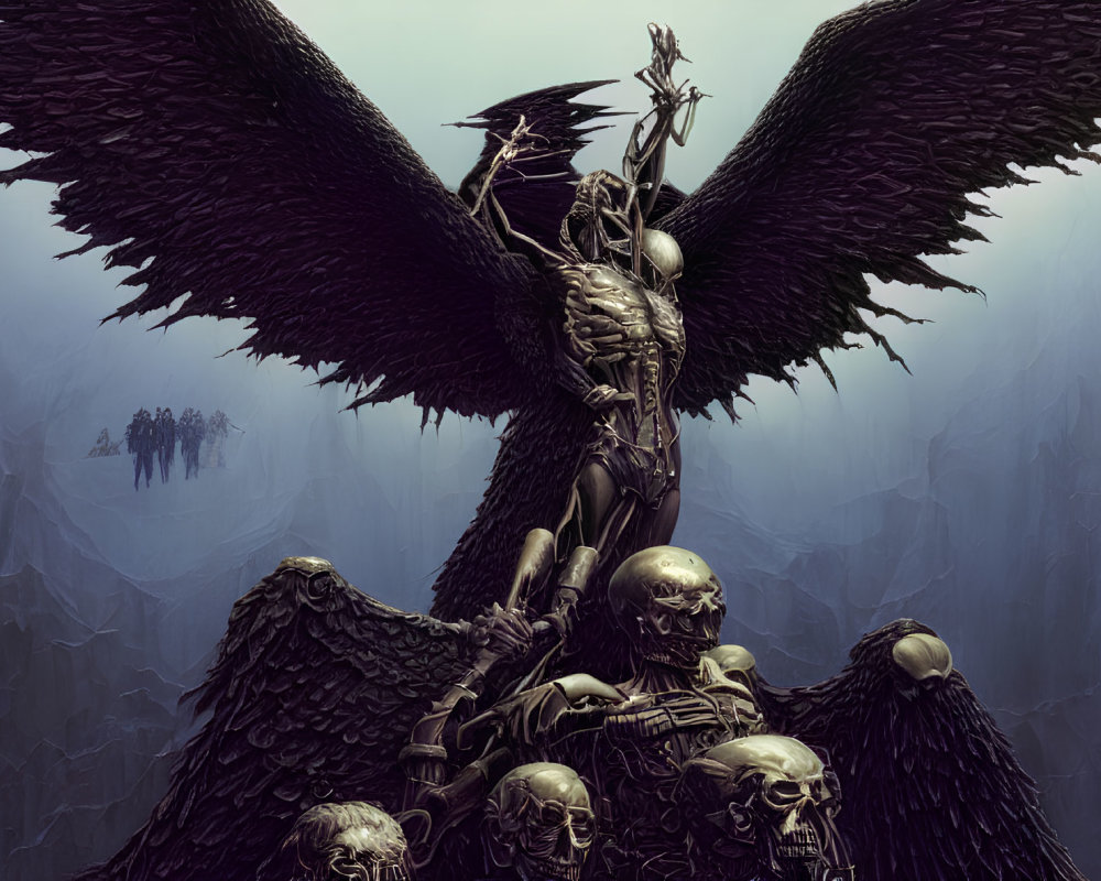 Fantasy figure with large wings and spear on skull pile, ghostly figures in background