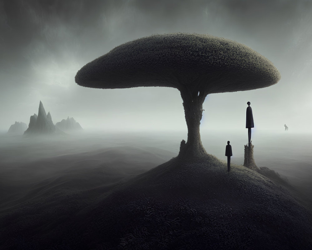Surreal landscape with figures under massive mushroom tree