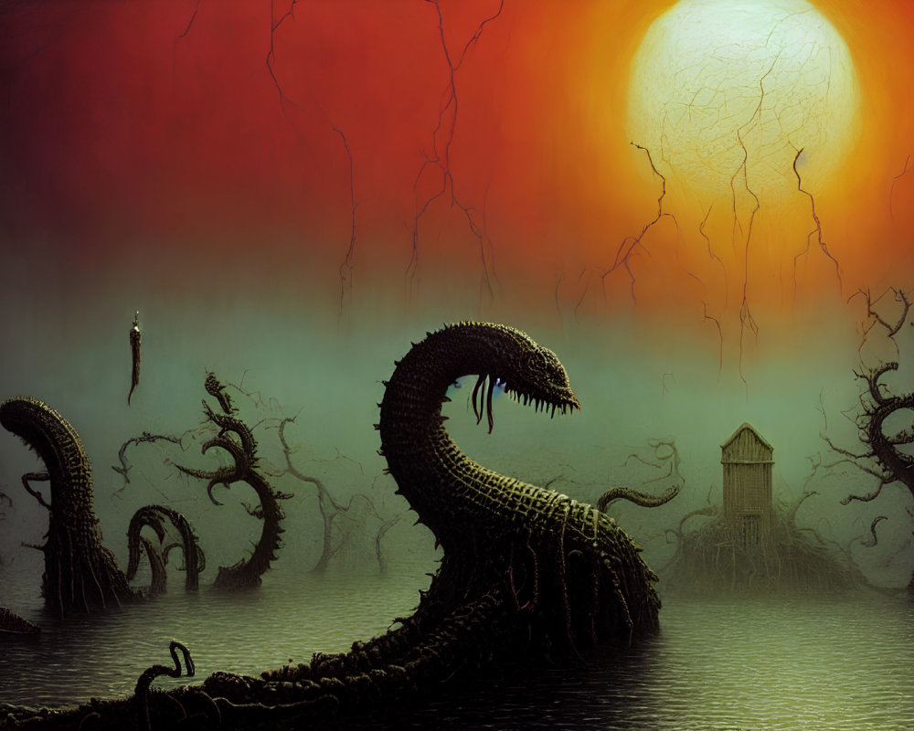Fantastical landscape with red sun, eerie trees, tower, and serpentine creatures