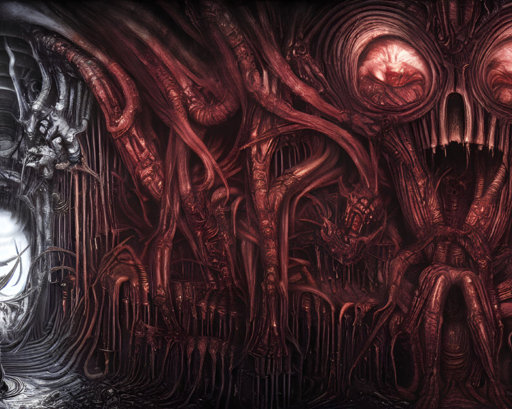 Intricate biomechanical landscape with alien-like shapes