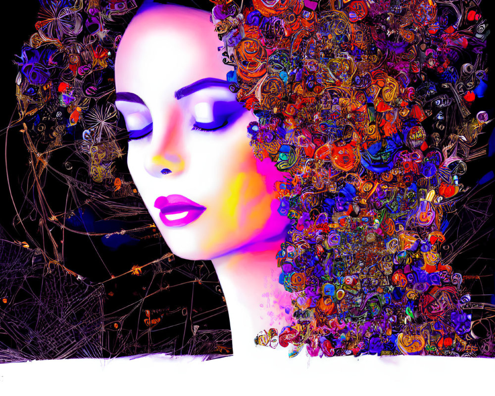 Vibrant digital artwork: Woman's profile with intricate floral hair patterns