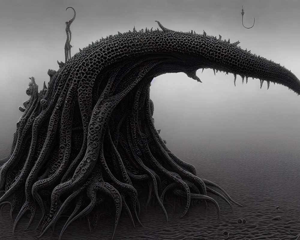 Monochrome creature with tentacles and horn in foggy landscape