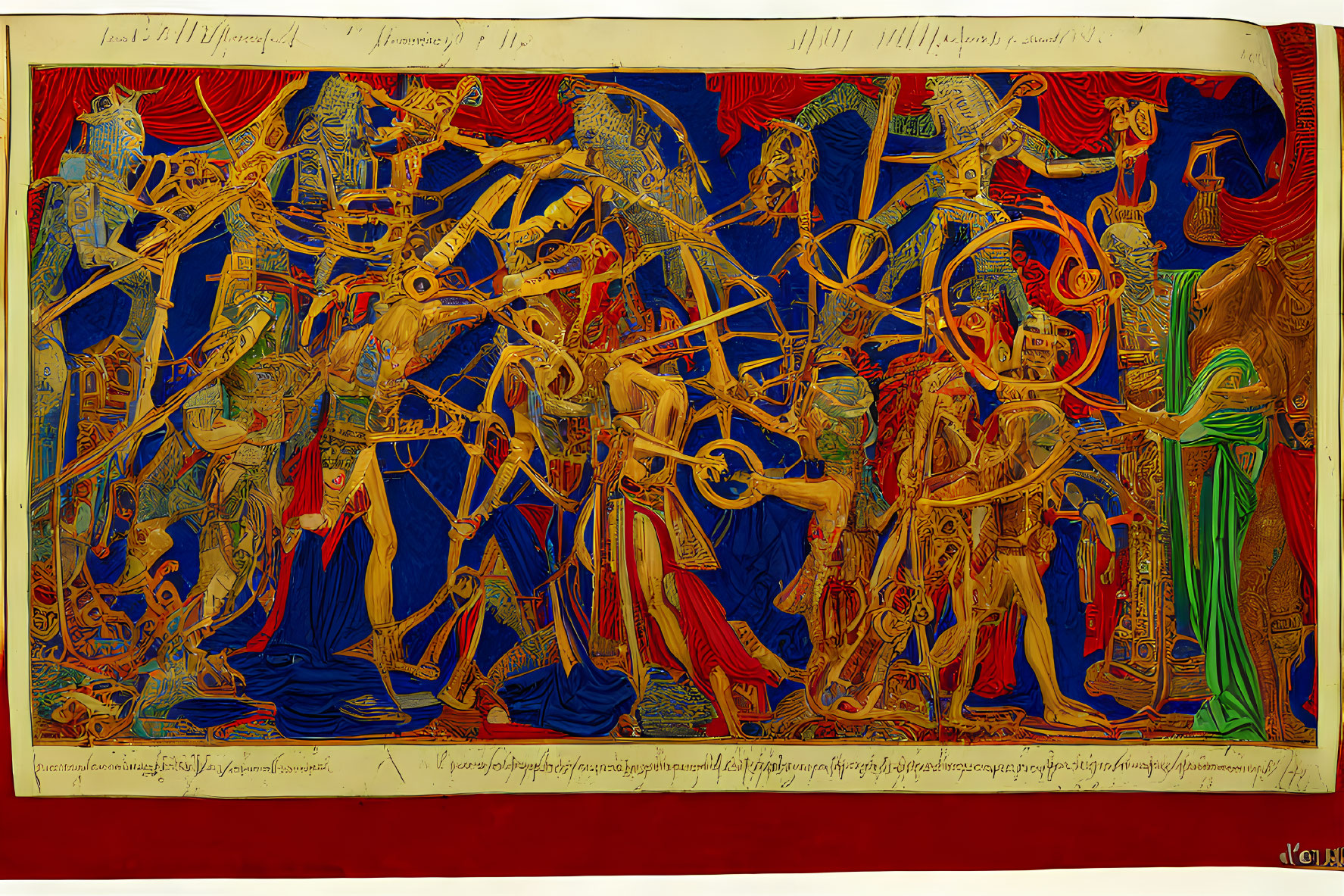 Detailed Tapestry Artwork of Chaotic Battle Scene with Skeletal Warriors in Armor on Red and Blue