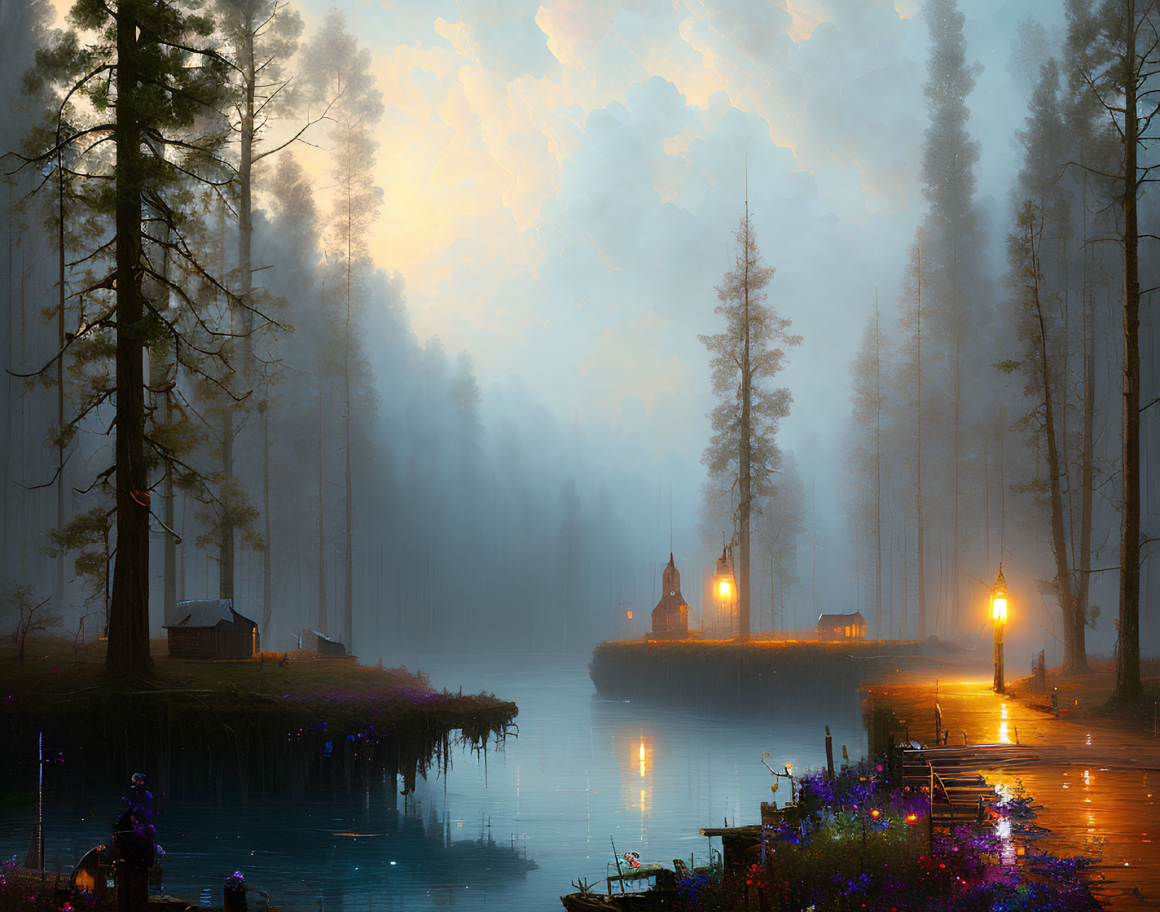 Tranquil lakeside evening with lanterns, chapel, dock, cabin, misty woods,