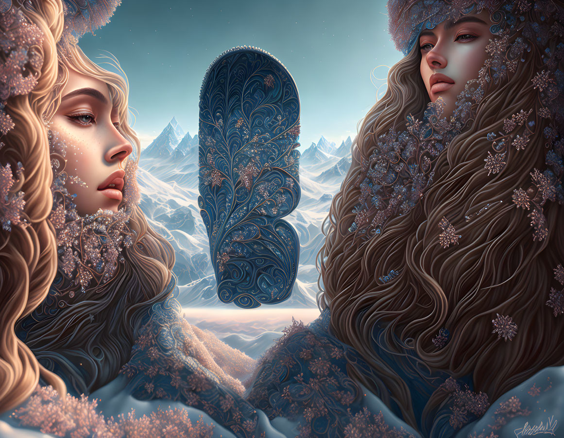 Ethereal women with snowflake hair in frosty mountain scene
