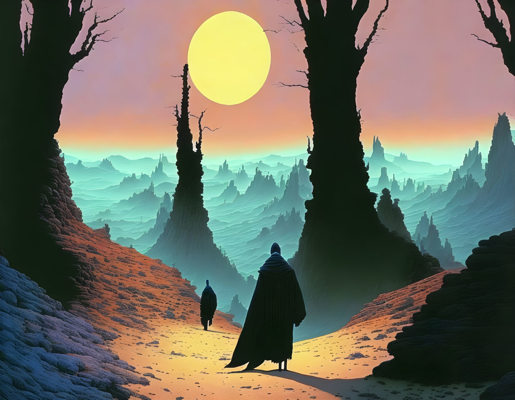 Cloaked Figures in Fantasy Landscape with Large Yellow Sun