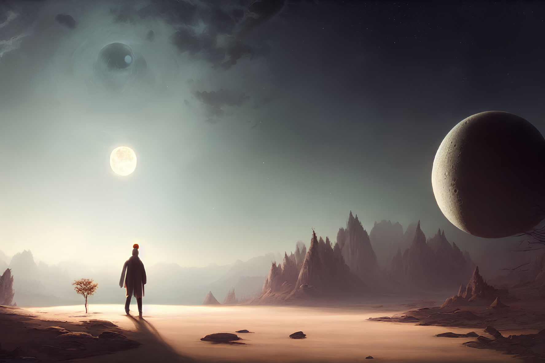 Lone figure in desert landscape with two moons, lone tree, and towering peaks