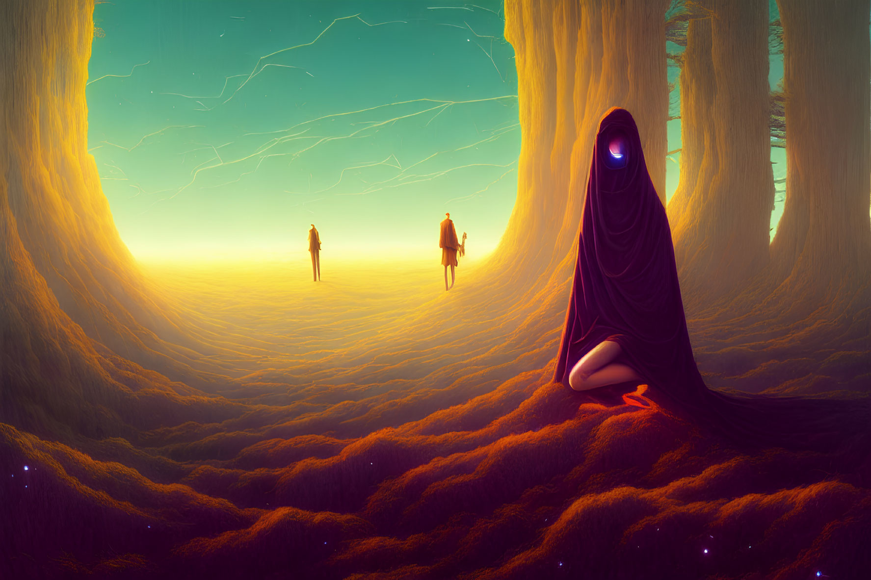 Surreal landscape with massive trees, cloaked figure, and ethereal lighting