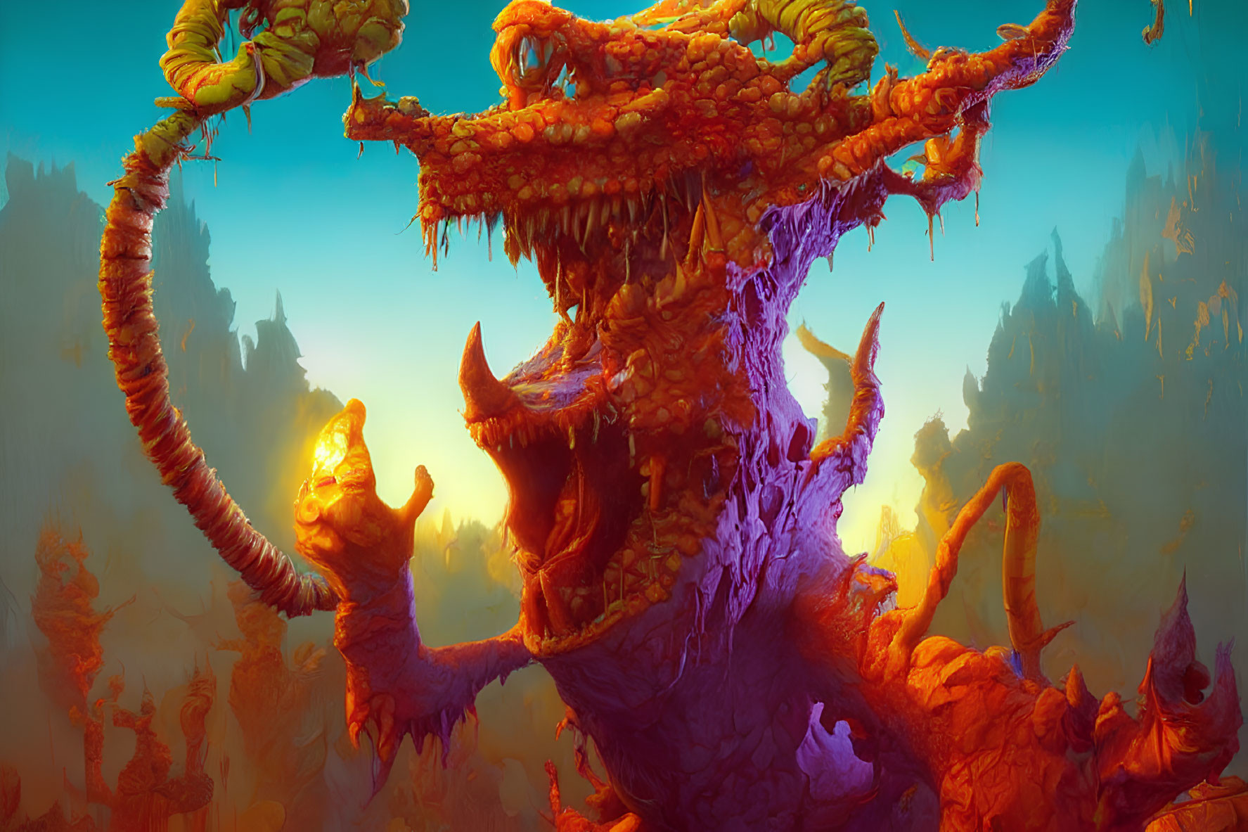Fantasy Artwork: Vibrant Orange Dragon in Mythical Landscape