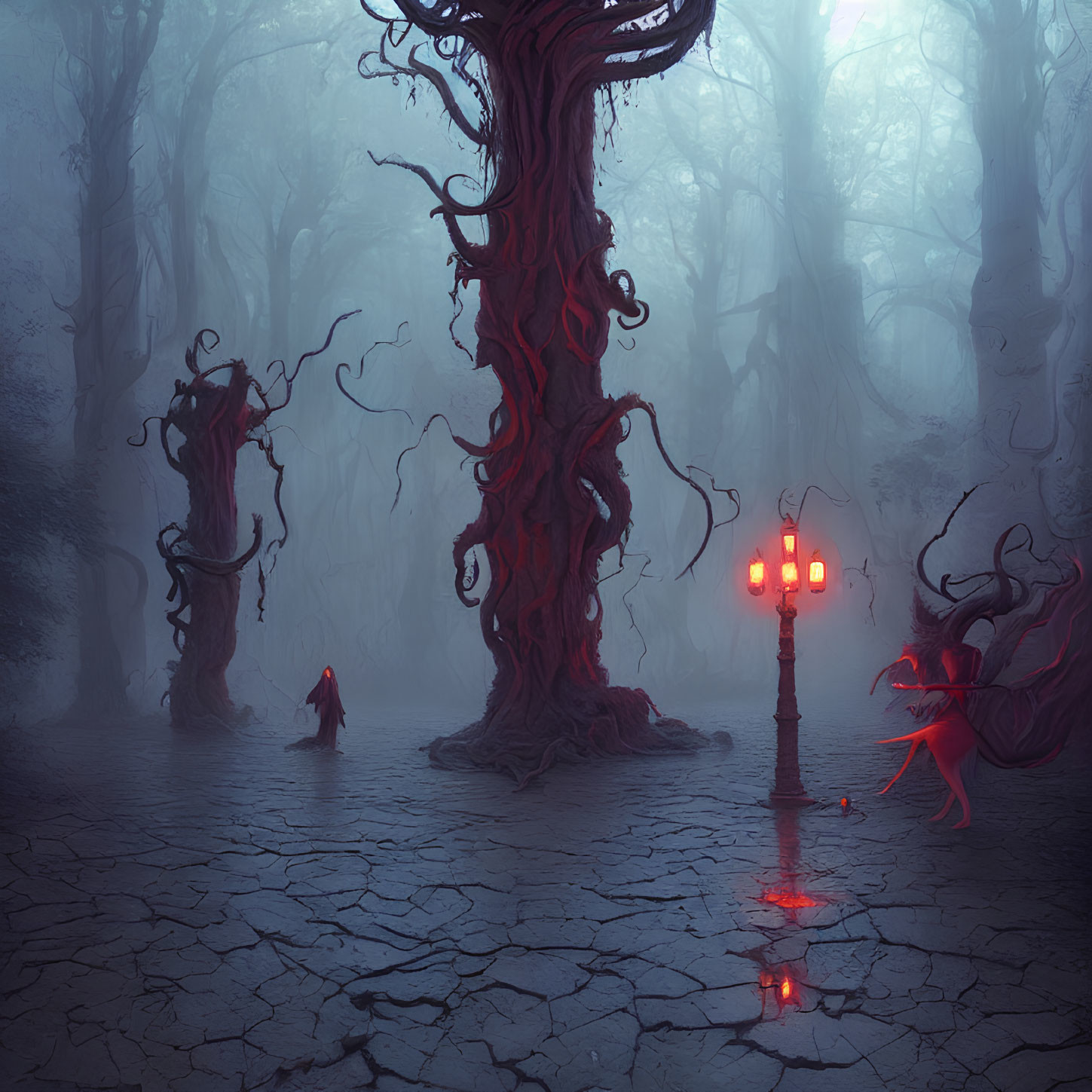 Twisted red trees and candelabra in mystical forest with blue fog