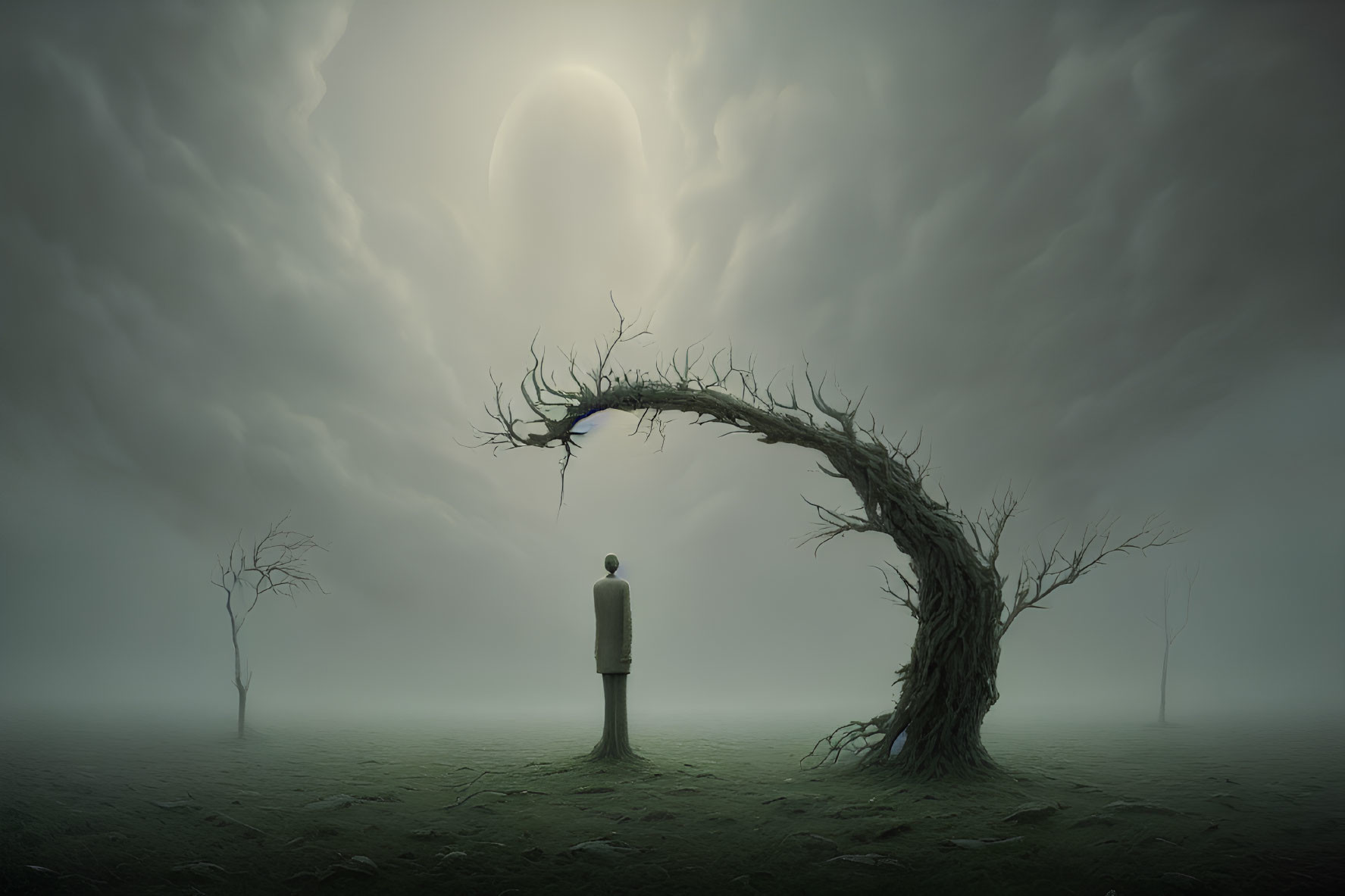 Person standing under bent, leafless tree in misty landscape with subdued sun.