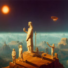 Surreal landscape with towering rock formations and robed statues in misty setting