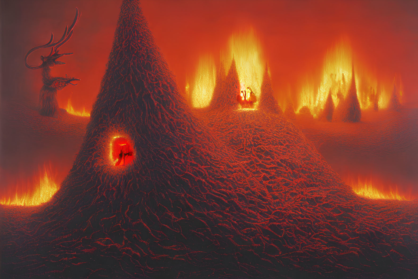 Volcanic landscape with lava flows and fiery eruptions in red-orange sky