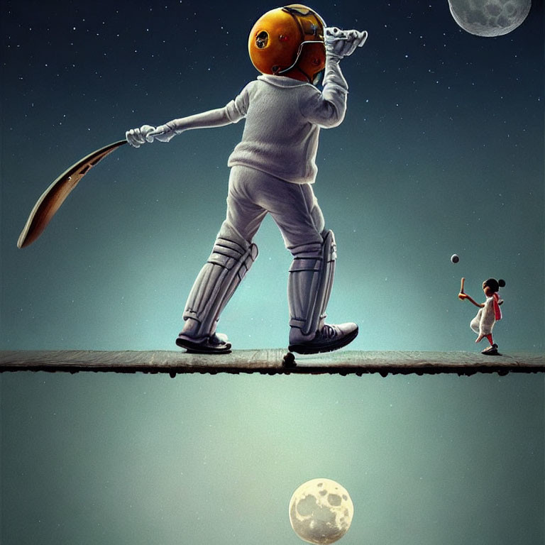 Astronaut and child play cricket on tightrope in space