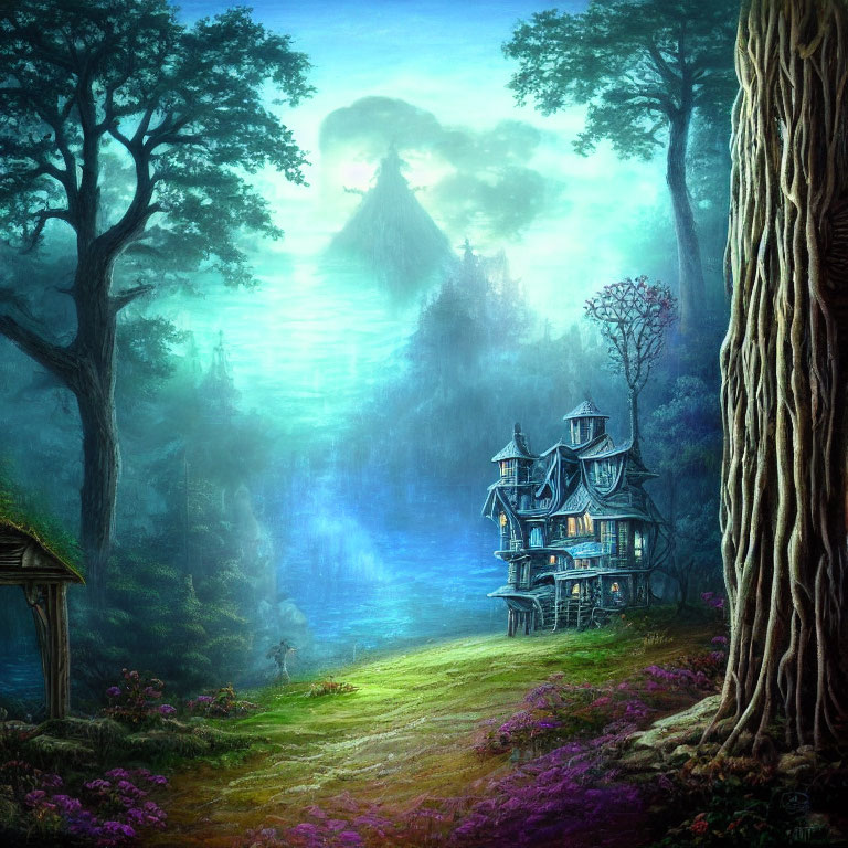 Mystical forest scene with Victorian-style house, towering trees, foggy background, mountain, and