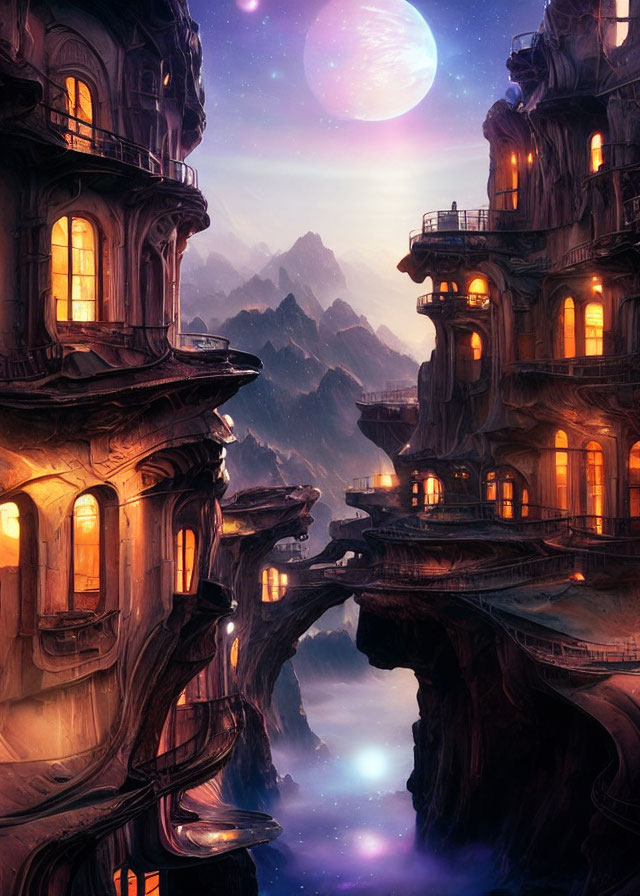 Illuminated fantasy cityscape on cliffs under purple sky