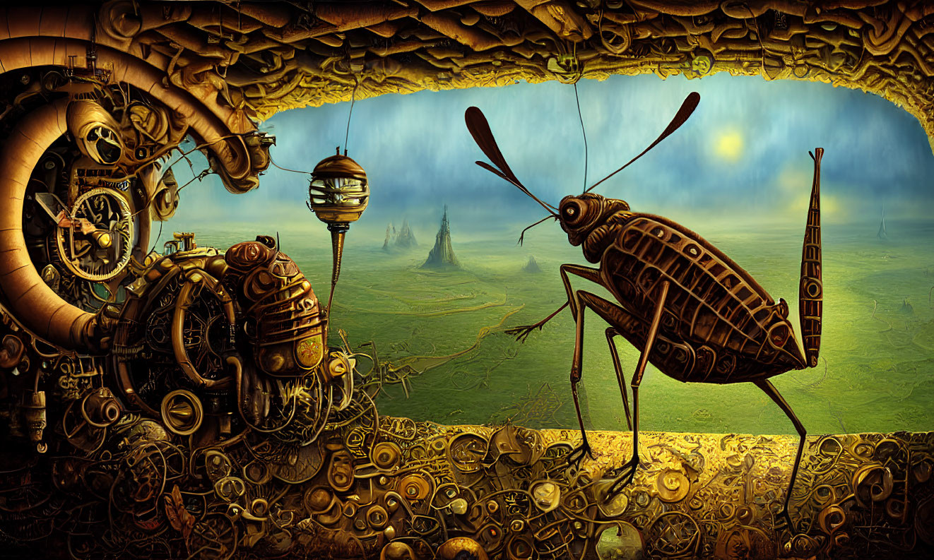 Steampunk-style image featuring mechanical gears and a metal grasshopper in a green landscape.