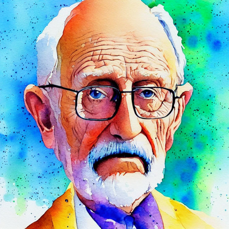 Elderly man with glasses in watercolor portrait