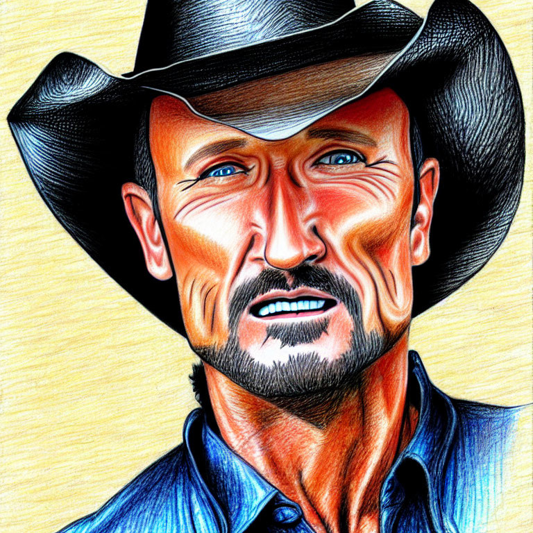 Rugged man with stern expression in cowboy hat and denim shirt