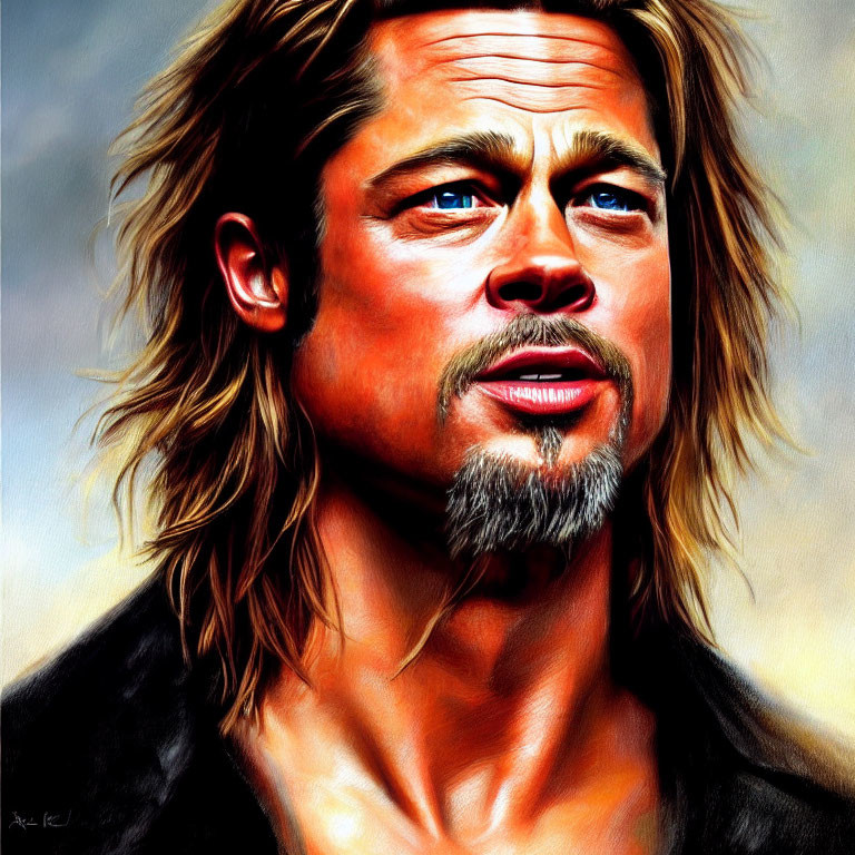 Realistic portrait of a man with long blond hair, blue eyes, goatee, and rugged look