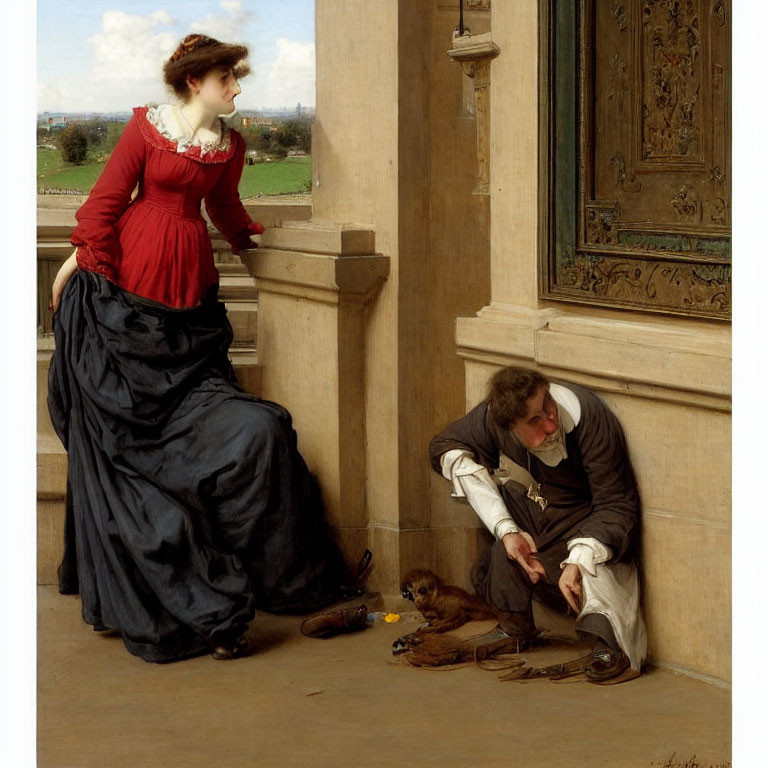 Classical oil painting of woman in red dress, man with dog by door