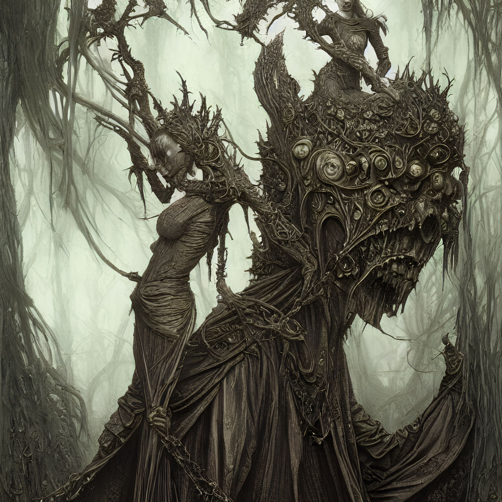 Dark, eerie figure with twisted tree head in shadowy woods