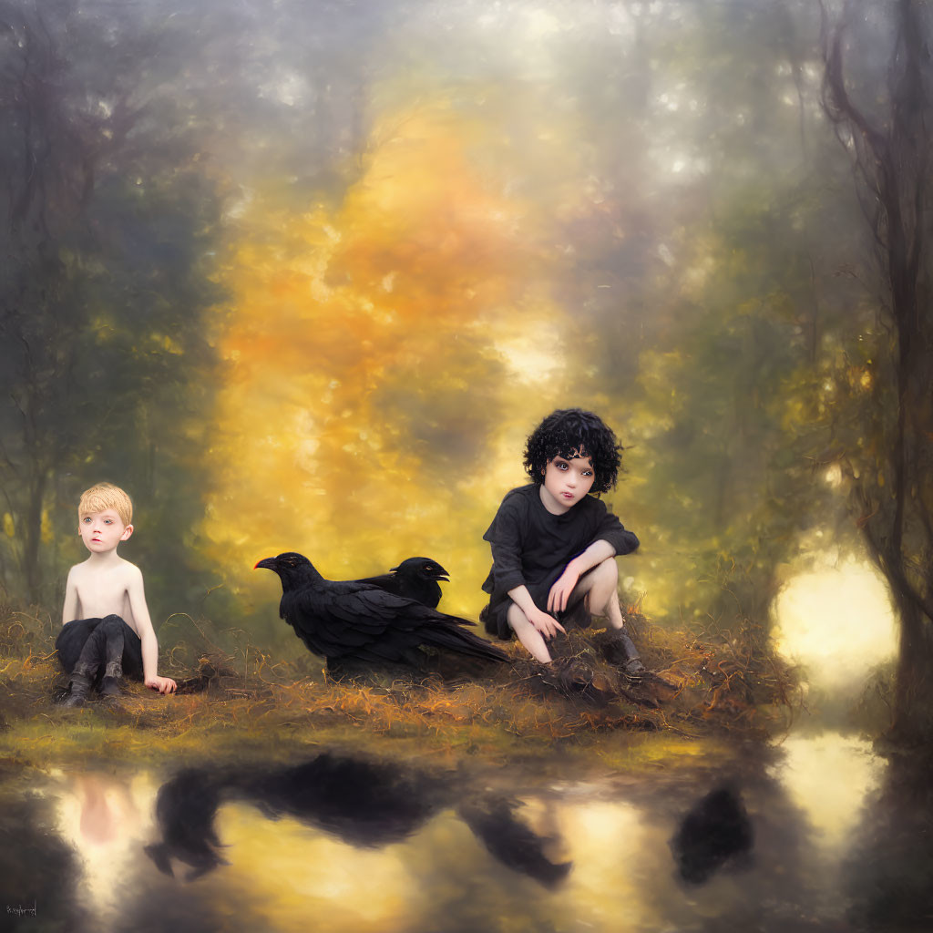 Children and black bird in misty autumn forest with water reflection