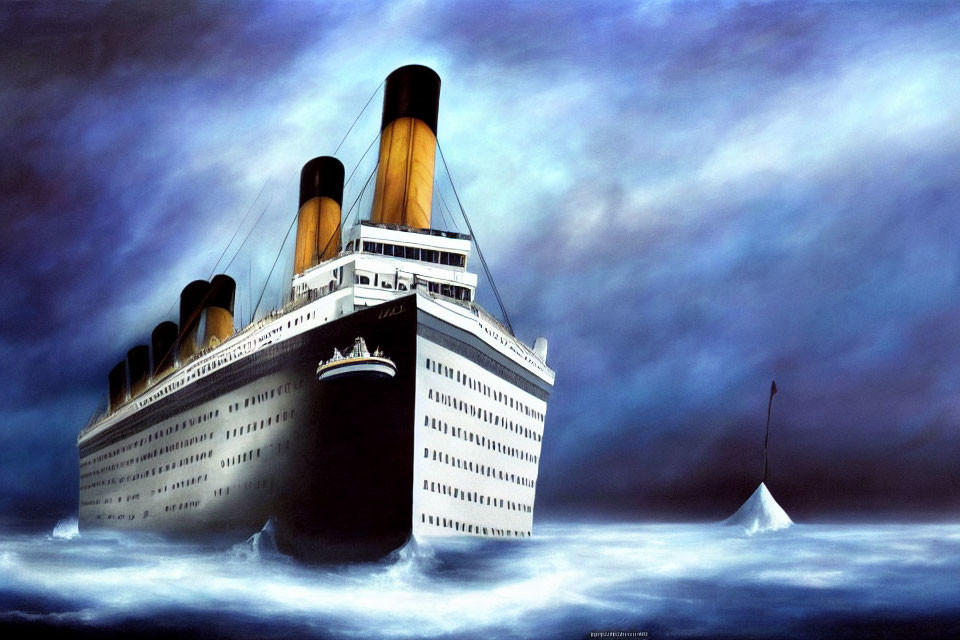 Detailed painting of RMS Titanic at sea with iceberg and dark clouds