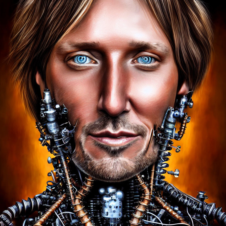 Half human, half robot digital art with intricate blue-eyed design