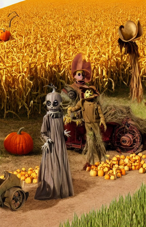 Halloween-themed characters in cornfield with pumpkins