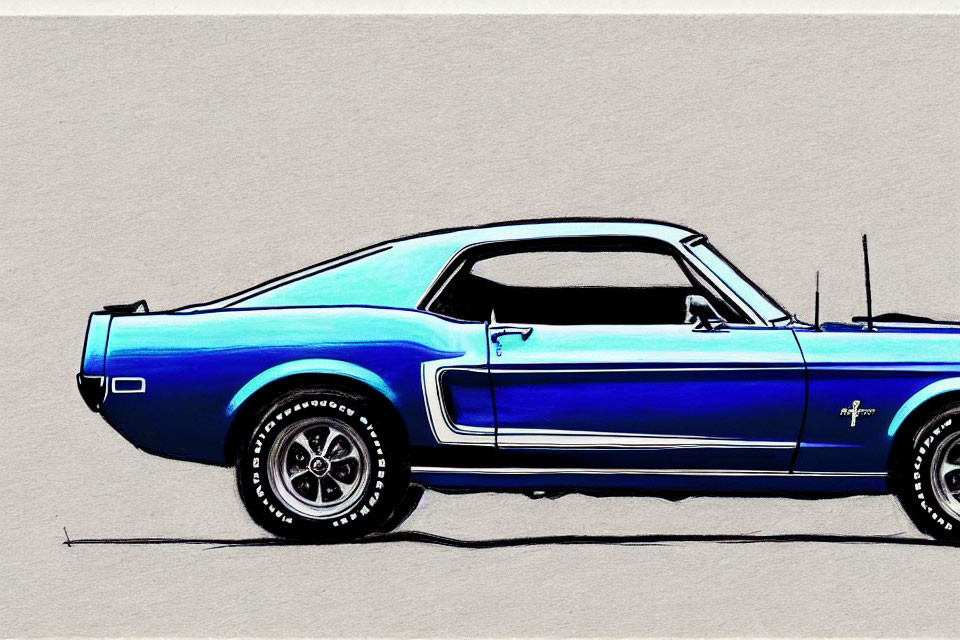 Blue Classic Mustang Car with Black Stripes on Textured Gray Background
